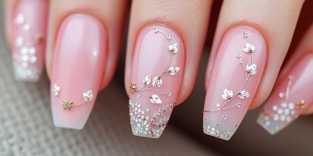 Unhas de gel elegantes com designs delicados em pastéis.