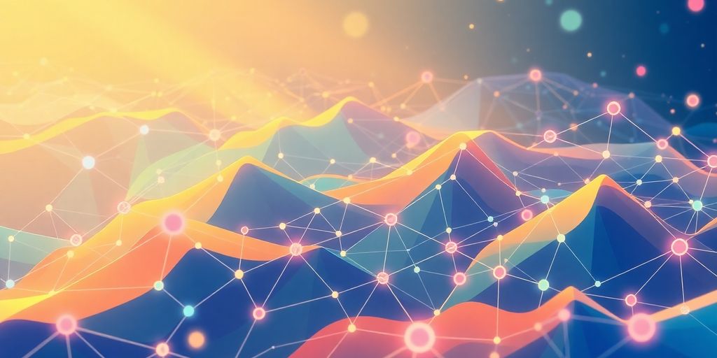 Futuristic digital landscape with interconnected nodes.