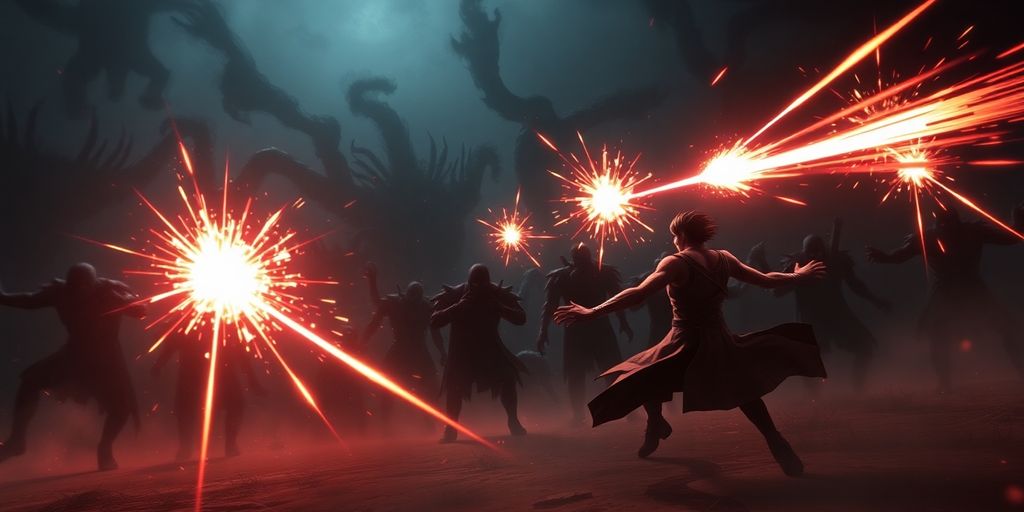 Vampire Survivors, un personnage pourfendant des hordes d'ennemis.