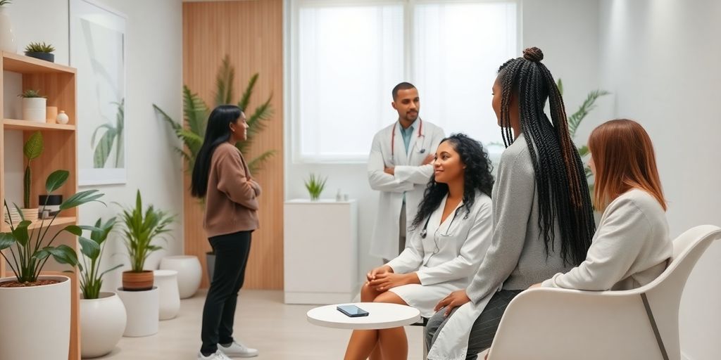 Interior de clínica de reabilitação com pacientes e médico.