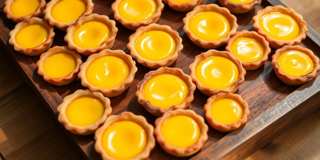 ถาด ทาร์ตไข่ สีทอง ครีมเนียน วางเรียง สวย บน โต๊ะไม้ โทนอบอุ่น น่ารับประทาน