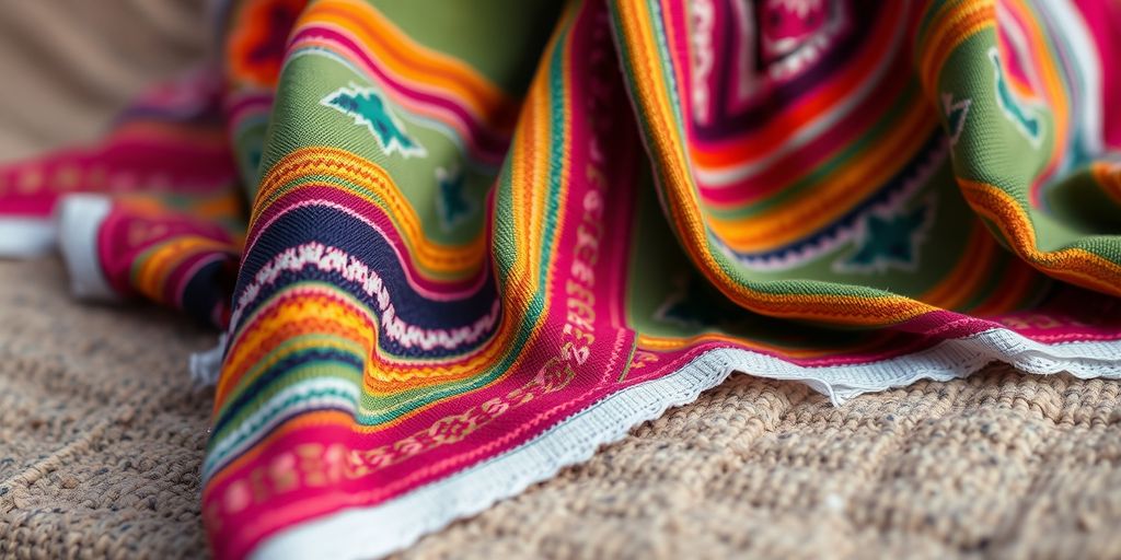 Colorful faja with intricate patterns on textured surface.