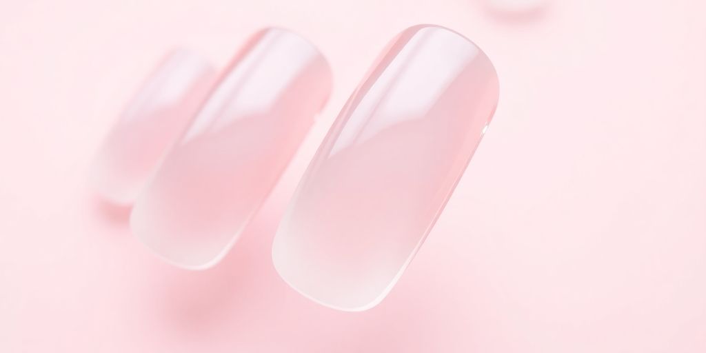 Unhas transparentes bem cuidadas em fundo suave.