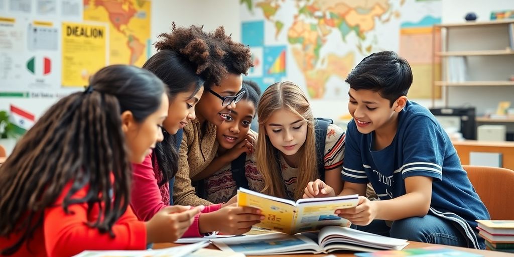 Students collaborating in a diverse educational setting.