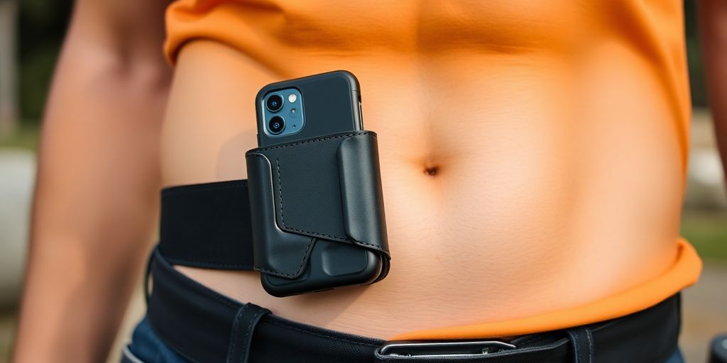 Man wearing a belt with a phone holder attached.