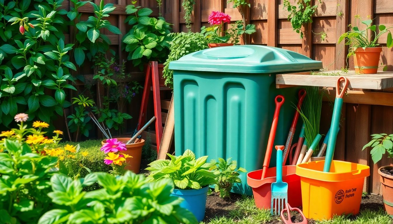 A garden with plants and a compost bin.
