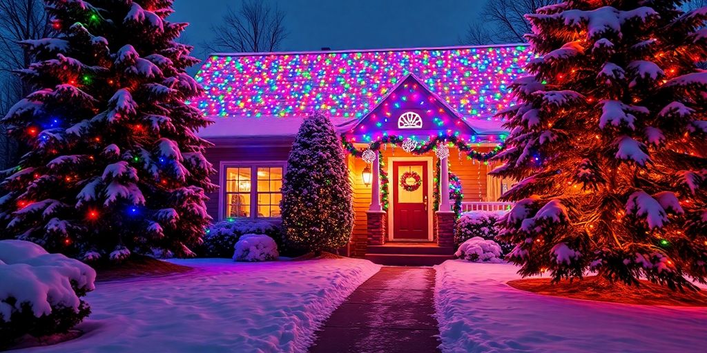 Decorated home with glowing lights and winter trees.