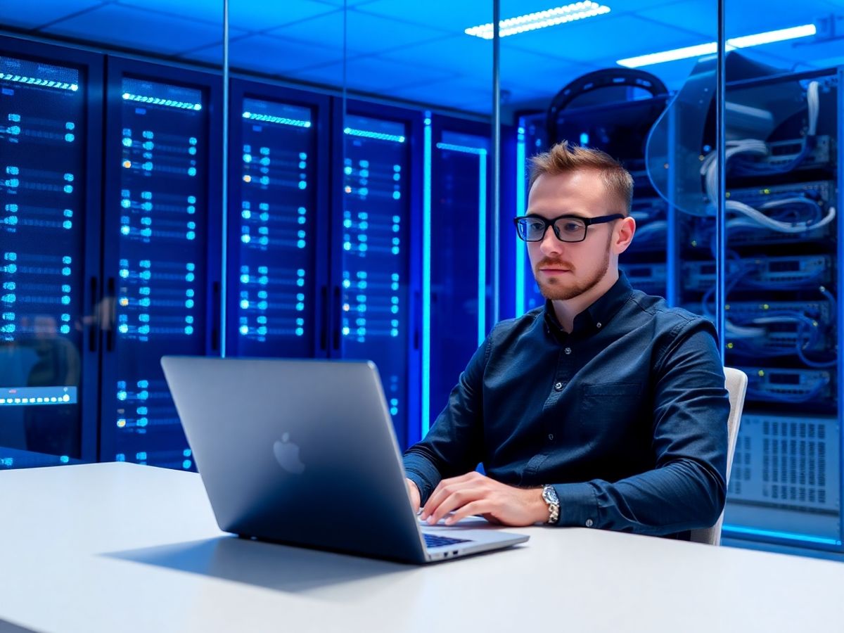 Specialist IT guvernamental la birou cu servere iluminate în fundal