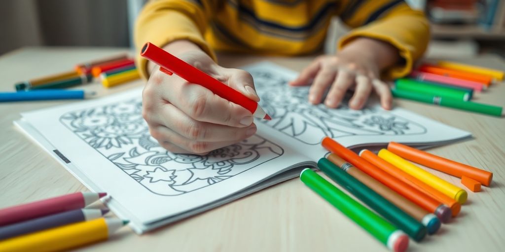 Colorful crayons, open coloring book, happy child's hands.