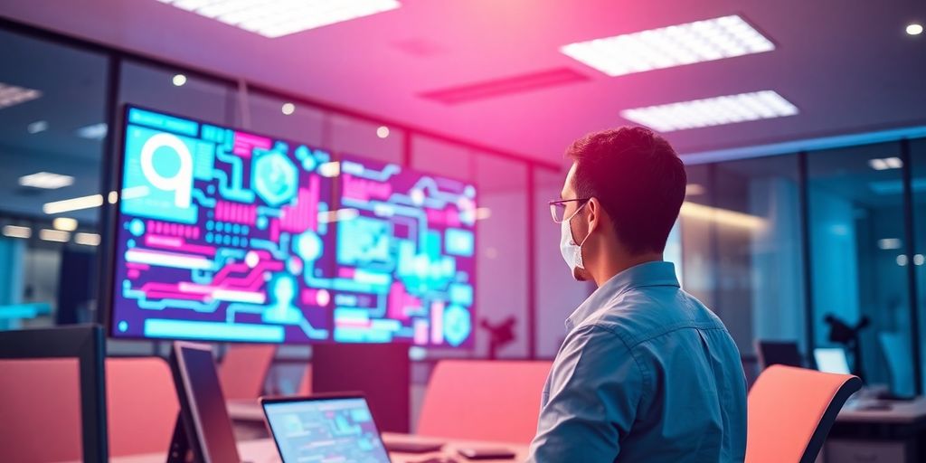 A business professional confidently interacting with glowing digital interfaces.
