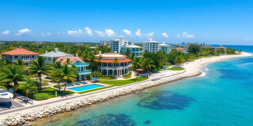 Luxurious Bal Harbour mansions with palm trees and ocean view.