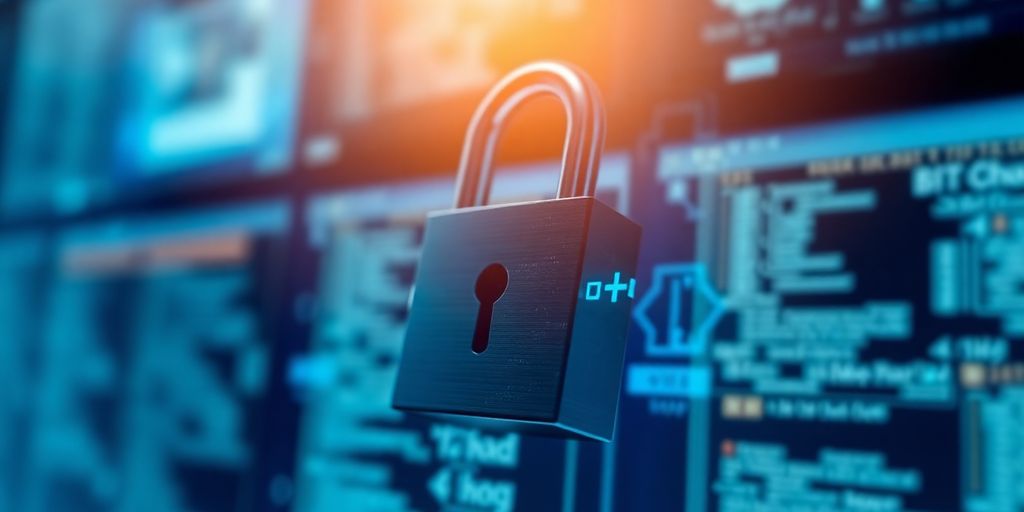 Digital lock on computer screens representing online security.