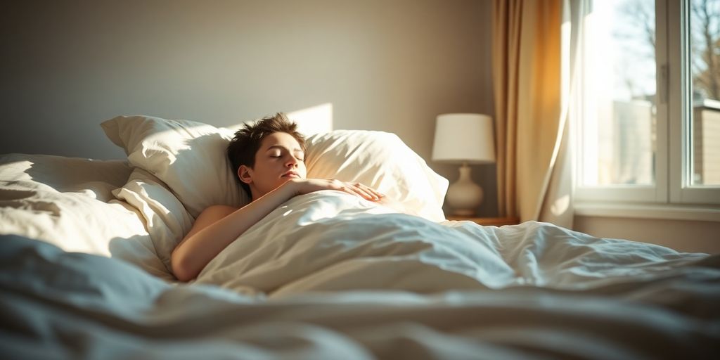 Person sleeping peacefully in a sunlit bedroom.