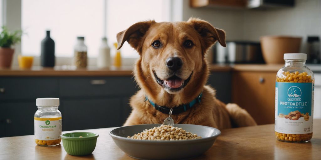 Happy dog sitting by food bowl with probiotic supplement bottle in background, highlighting benefits and best products.