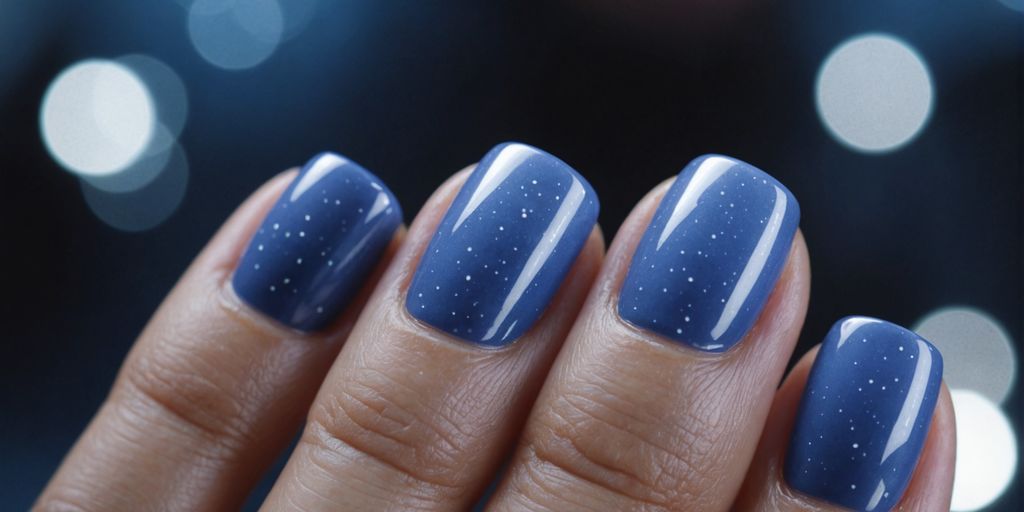 Glossy blueberry milk nails on a woman's hand.