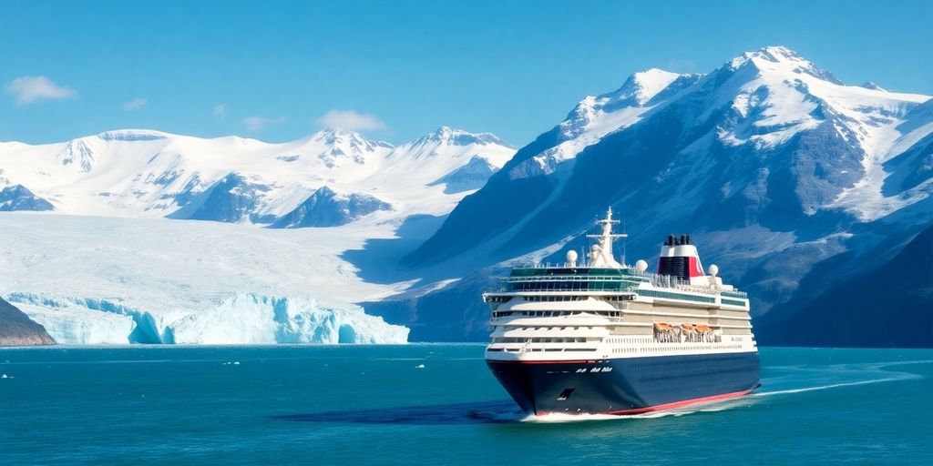 Holland America cruise ship sailing past glaciers in Alaska.