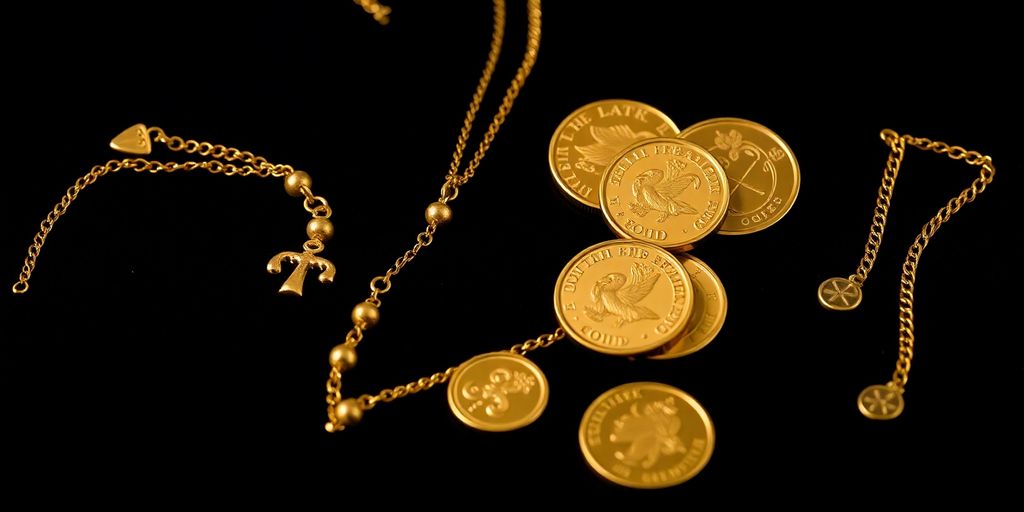Bijoux et pièces d'or sur fond sombre.