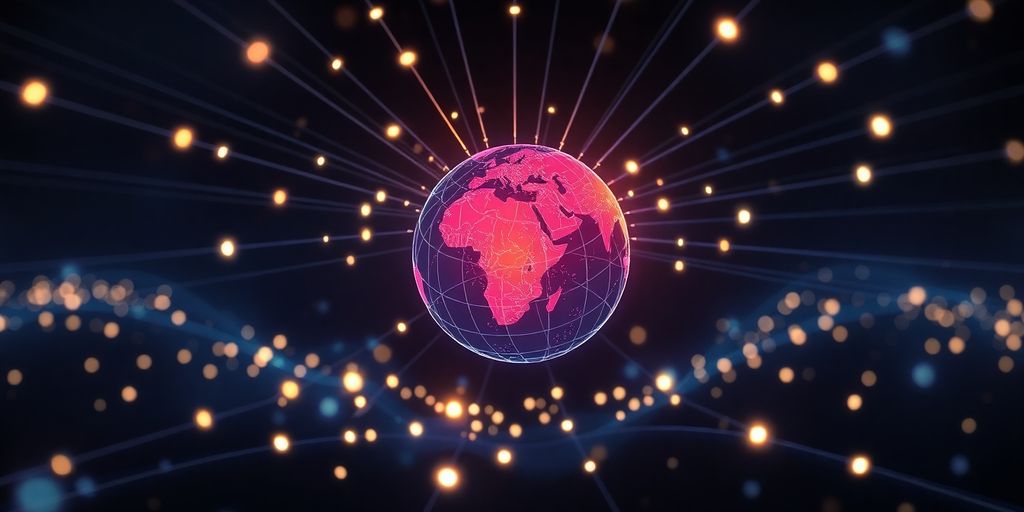 Glowing digital globe with connected lines.