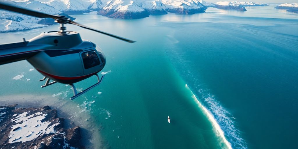 A helicopter flies over a surfer on an Alaskan wave.
