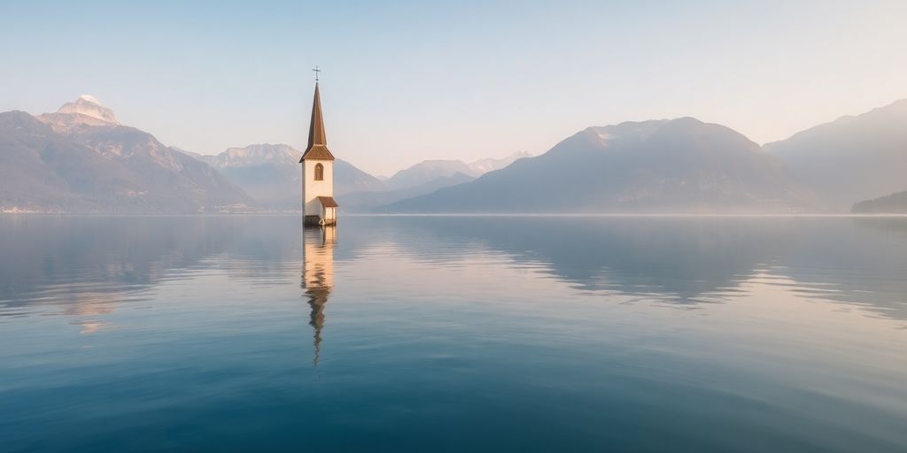 Dorfkirche aus dem Reschensee ragend