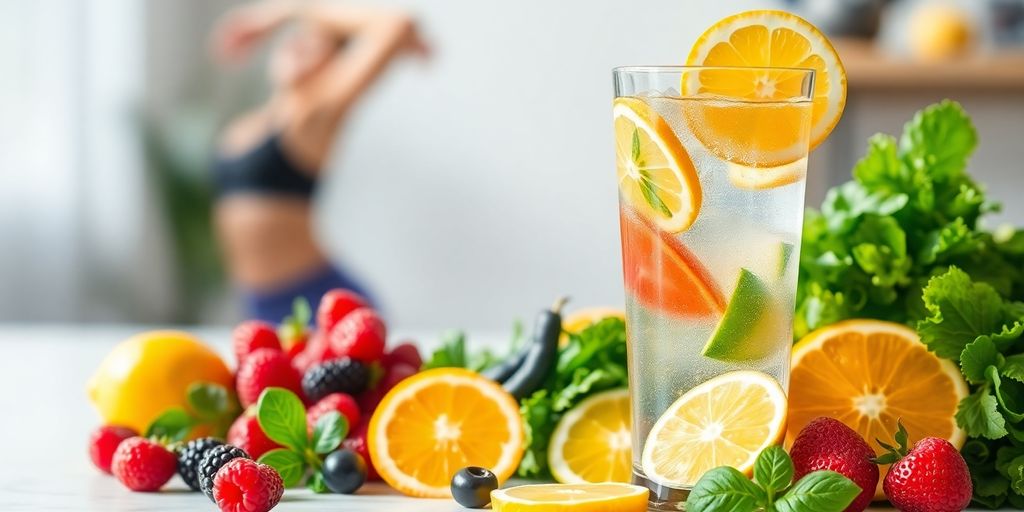 Alimentos saudáveis, frutas, vegetais e pessoa ativa em cenário luminoso.