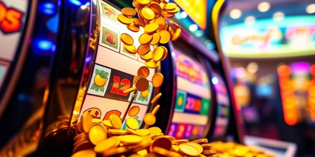 Spinning slot machine reels with golden coins falling.