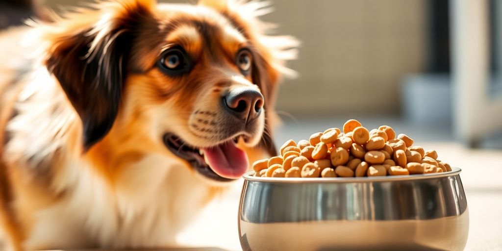 Healthy dog eating from a bowl of nutritious food.