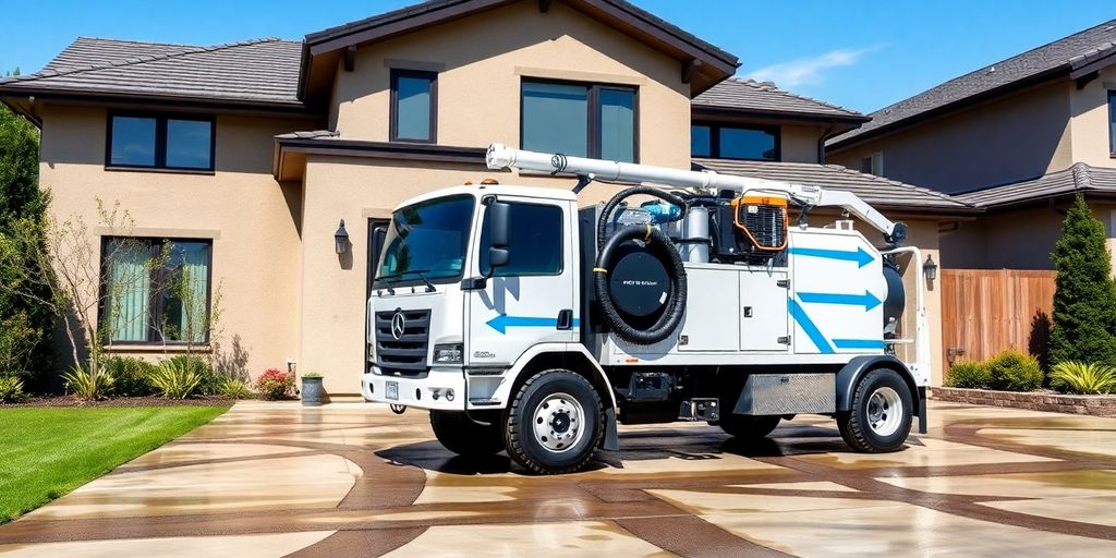 Modern suburban house with water extraction vehicle in bright daylight.