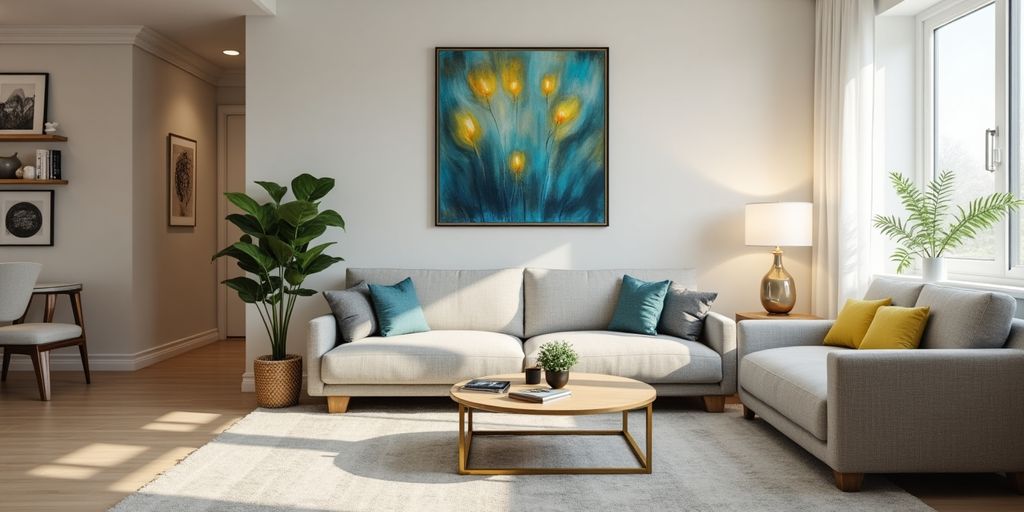 Remodeled living room with modern furniture and decor.