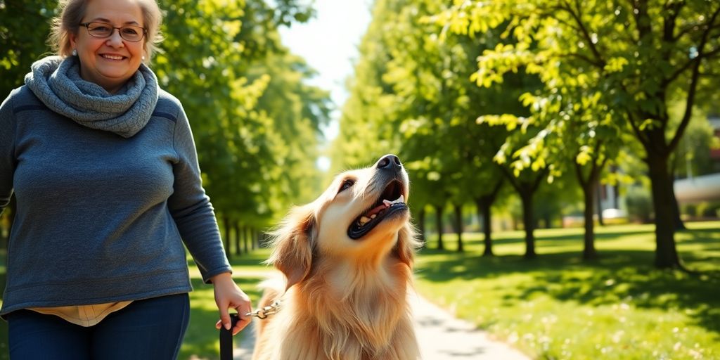 Dog walker with happy dog on leash.