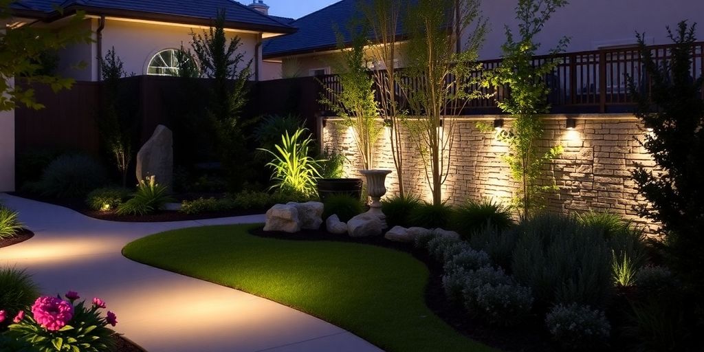 Stylish exterior wall lights illuminating a lush garden.