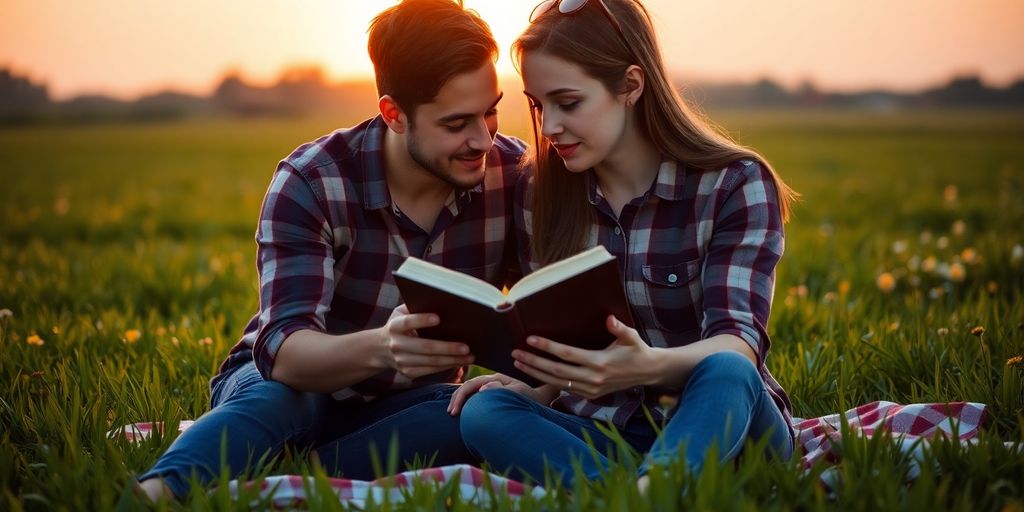 Couple reading a romance novel together under a starry sky.