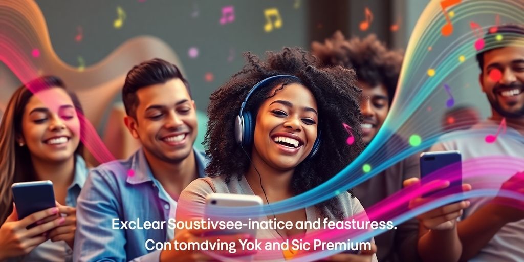 Group enjoying music on devices with colorful notes around.