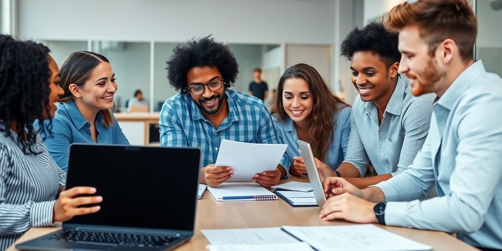 Diverse entrepreneurs collaborating at a modern workspace table.