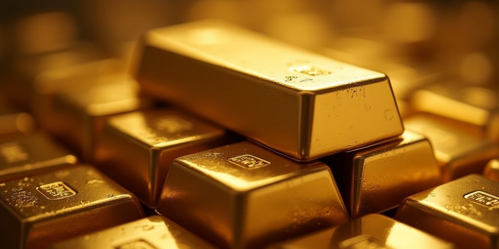 Des lingots d'or brillants empilés dans un décor élégant.