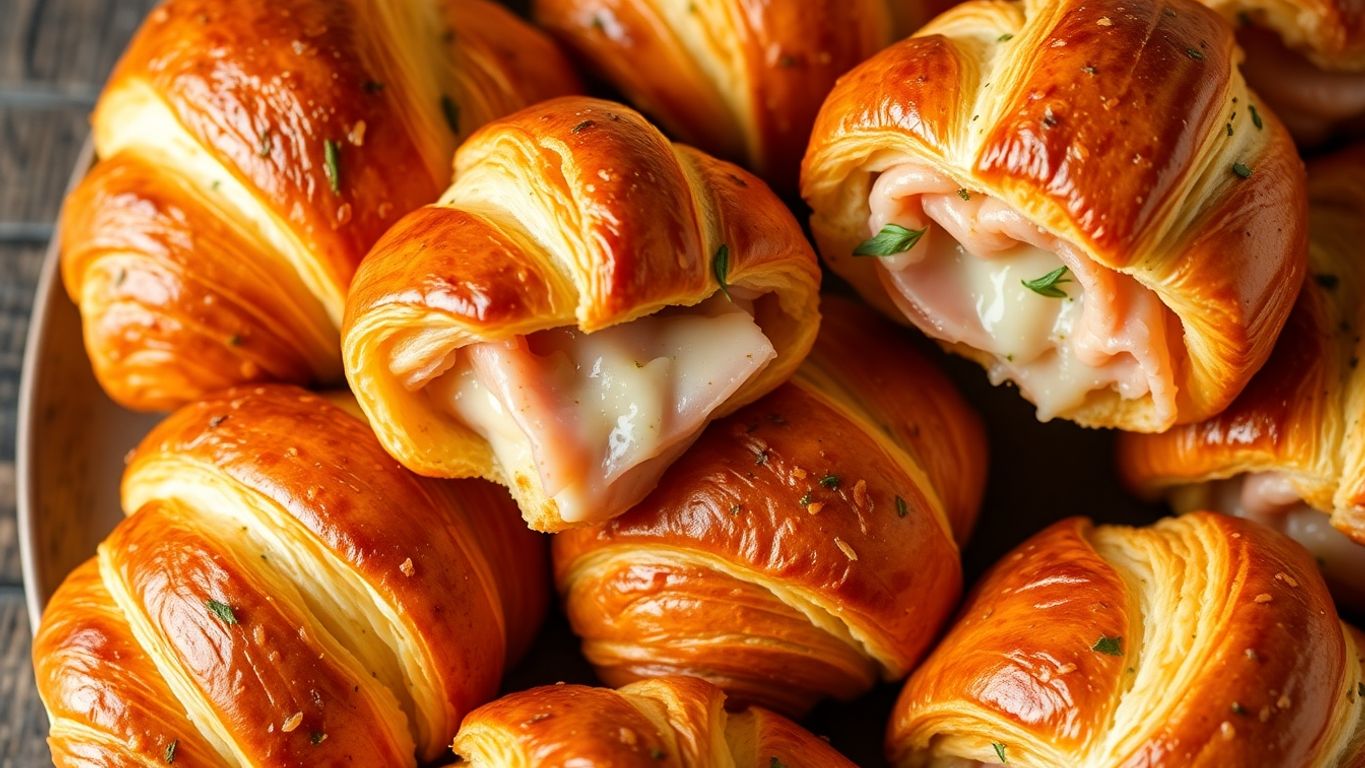 Rolinhos de croissant com presunto e queijo frescos.