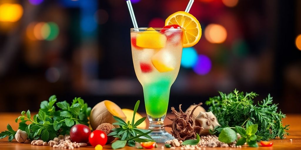 Colorful cocktail surrounded by herbs and festive lights.