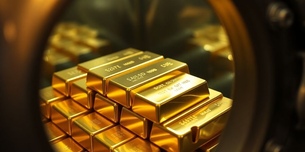 Lingots d'or brillants empilés dans un coffre-fort.