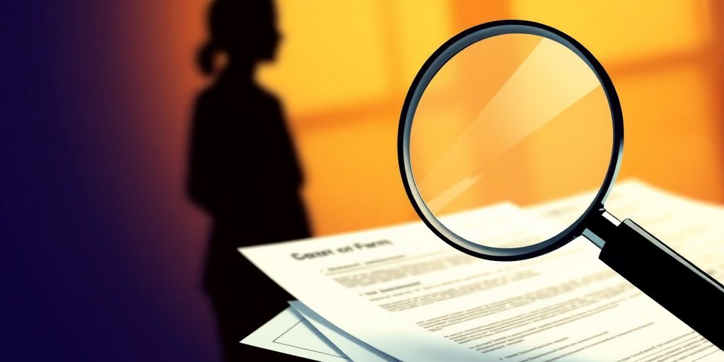 Magnifying glass over documents with a person in the background.