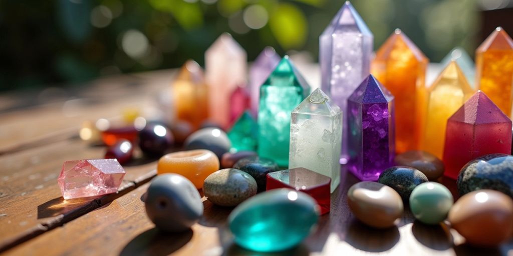 Cristalli colorati su un tavolo di legno