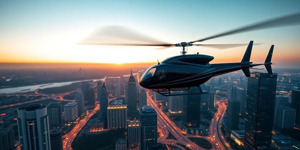 Helicopter in flight over a city