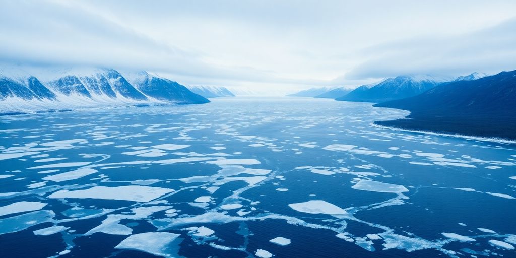 Icy landscape with snowy mountains and coastal wilderness at dusk.