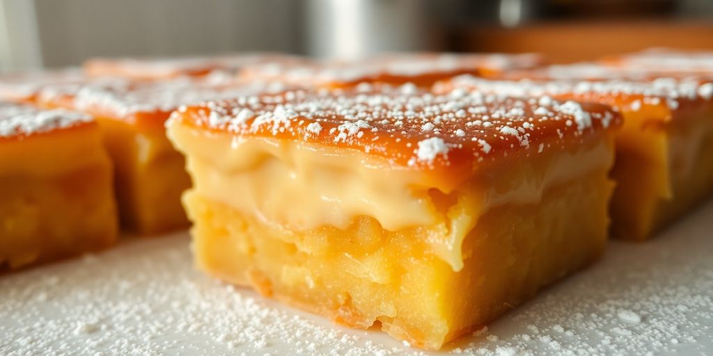 Golden-brown condensed milk dessert bar with powdered sugar on kitchen counter.
