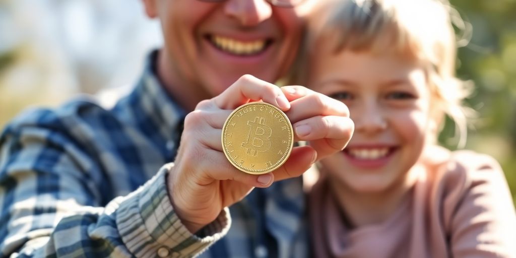 Grand-parent et petit-enfant riant avec pièce d'or.