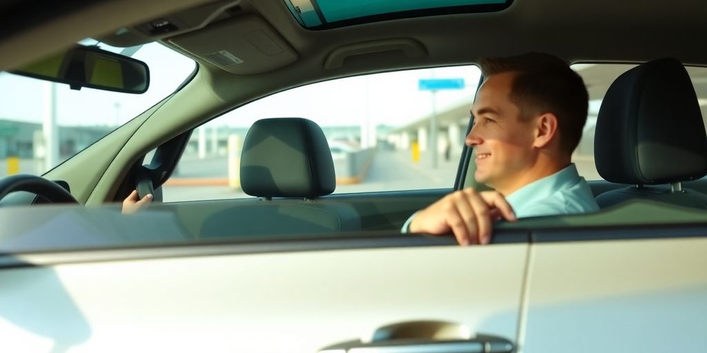Professional driver smiling in a clean car arriving at an airport.