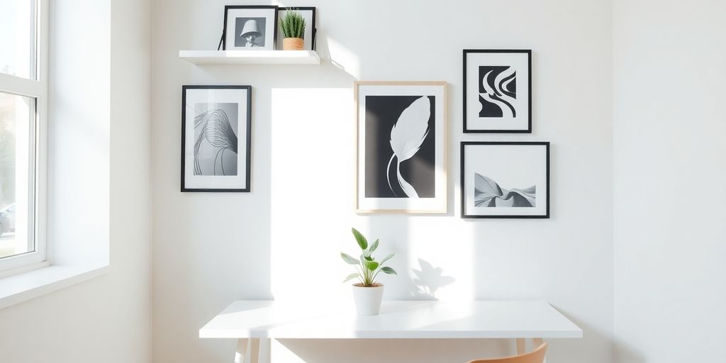 Stylish home office wall decor with plants and art.