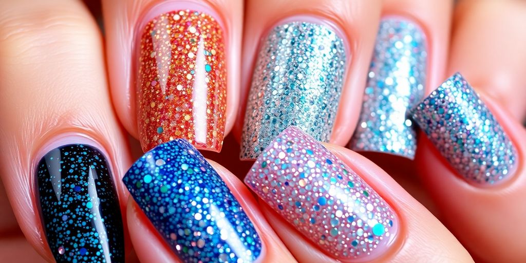 Unhas com glitter em cores vibrantes para o Ano Novo.