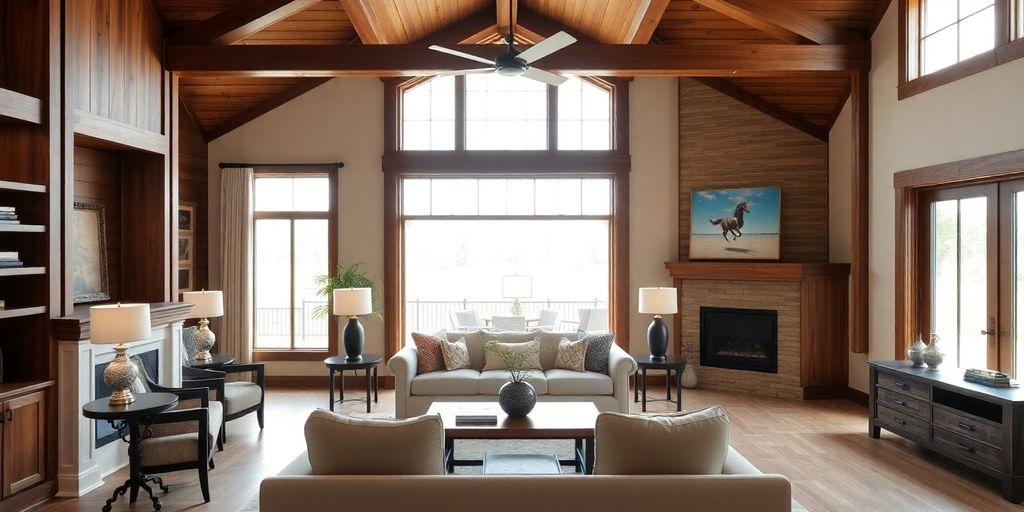 Renovated living room with wooden accents and natural light.