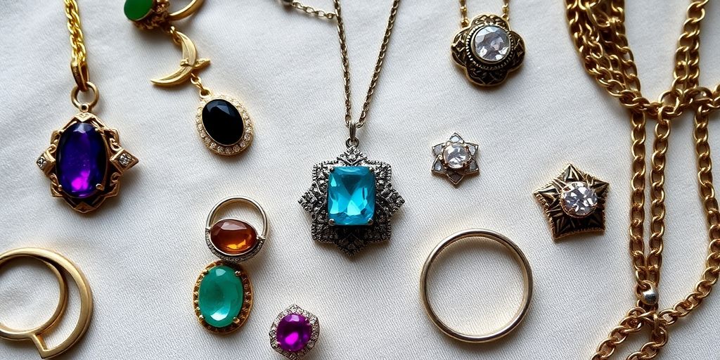Bijoux vintage en gros plan sur un fond doux.