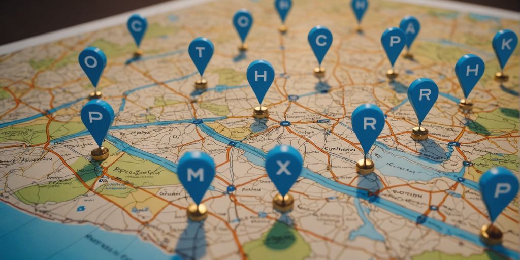 Map with location pins and AI icons for marketing